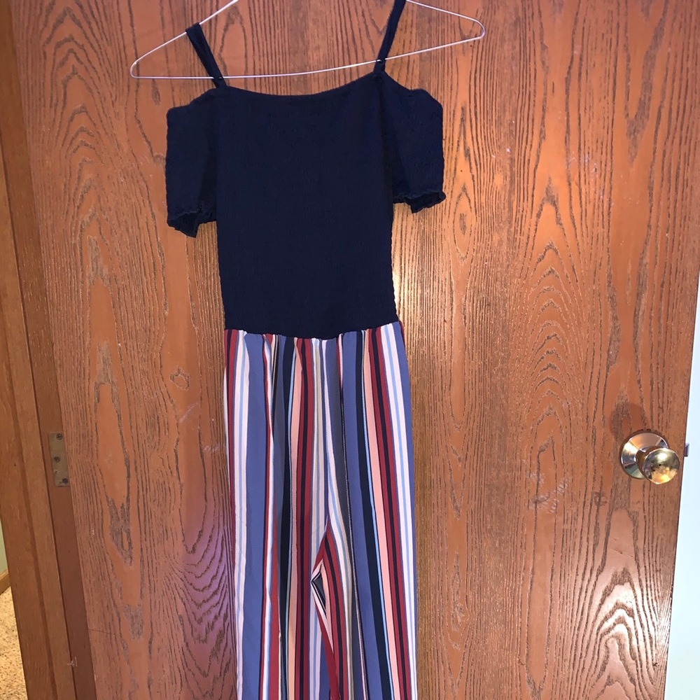 Super cute off the shoulder jumpsuit.